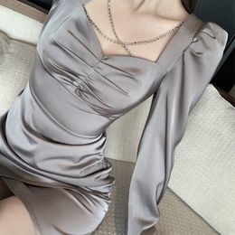 Casual Dresses Sexy Dress Women Square Collar Long Sleeve Fashion Mini Club Beading Korean Solid Female Clothes Autumn 2023 Elegant