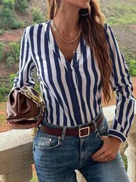 Women's Blouses 2023 Fashion Women V-Neck Blouse Long Sleeve Stripe Pattern Loose Fit Shirt Tops Casual Button Down Clothing