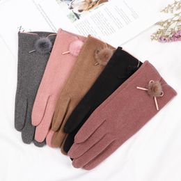 Five Fingers Gloves 2023 Winter Ladies Fashion Thick Fur Ball Warm Full Finger Touch Screen Outdoor Sports Driving