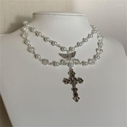 Chains Handmade Sacred Cross Angel's Wing Pearl Chokers Layered Double Layer Chain Y2K Imitation White Crystal Beaded Rosary Necklace