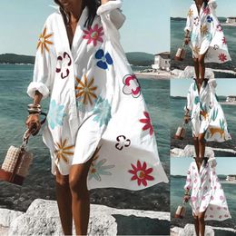 Women's Blouses Women's Kaftan Beach Print Swimsuit Cover Up Kimono White Robe Femme Dress Bathing Cardigan Beachwear Bikini Skirts 2023