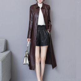 Women's Leather Casual Single Breasted Long Jacket Loose Laple PU Coat Female Outerwear Ladies Clothing Spring Autumn 2023