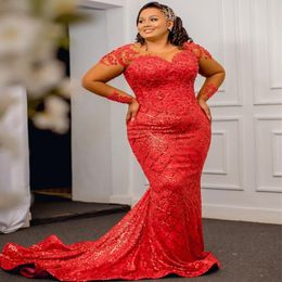 2023 Nov Aso Ebi Arabic Mermaid Red Prom Dress Sequined Lace Beaded Evening Formal Party Second Reception Birthday Engagement Gowns Dresses Robe De Soiree ZJ046