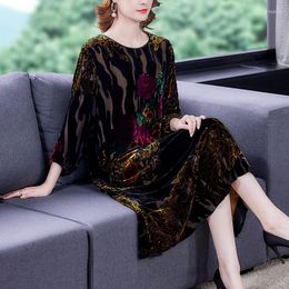 Casual Dresses Large Size Gold Velvet Dress Women's Autumn High-End Mulberry Silk Burnt Flower Luxurious Temperament Vestidos M1928