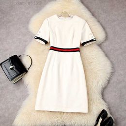 2023 Summer Short Sleeve Round Neck Apricot / Black Contrast Colour Panelled Buttons Knee-Length Dress Elegant Casual Dresses 22L025043