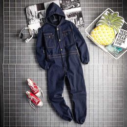 2023Male Hooded Jacket and Pants Long Sleeve Denim Overalls Mens Cargo Jeans Jump Suits Men Retro One Piece Denim Jumpsuit 201111