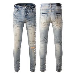 Fashion High street spray paint dazzle letters straight elastic zipper fly washed ripped jean