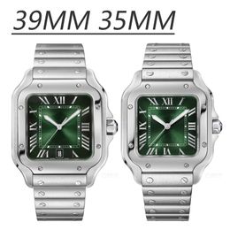 Square Tank Herrenuhren 39 mm Grüner Gummi und Edelstahl Mechanische Uhren Gehäuse Armband Mode Datumsuhr Männliche Dame 35 mm Uhr Montre De Luxe wasserdicht