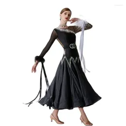 Stage Wear B-19447 High-end High Quality Sexy Women Girls Black Smooth Dance Competition Custom Ballroom Dress With Pearl Silk