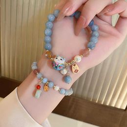 Charm Bracelets Imitation Jade Bracelet for Women Pearl Ceramic Lucky Cat Pendant Chinese Style Cute Elastic Rope Crystal Beads Jewelry Gifts AA230403