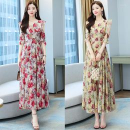 Casual Dresses High-End Jacquard Dress Women Summer 2023 Gentle Wind Ruffled Hollow Seaside Holiday Floral Chiffon Fashion Robe H614
