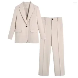 Women's Two Piece Pants Leisure Women Blazers Sets Beige Long Sleeve Casual Suit Coats Straight 2023 Spring Autumn Solid Office Lady Suits