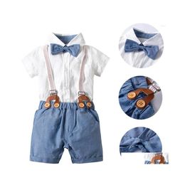 Clothing Sets Baby Boy Clothes Infant Gentleman Suit Bow Tie Shirt Suspenders Shorts Outfit Toddler Suits For Weddings Outfits Drop Dhguz