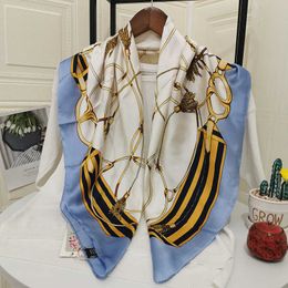 Sarongs New European and American style sunscreen tassel chain striped pattern large square scarf 90cm silk scarf P230403