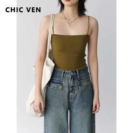 Women's Tanks Camis CHIC VEN Korean Women Tops Slim Short Flat Neck Sling Vest Female Bottom Camisole Sleeveless Girl Spring Summer 2023 P230322