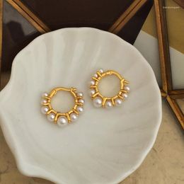 Hoop Earrings WTLTC French Gold Color Pearls Charms For Women 2cm Small Tiny Round Hoops Simple Retro Stylish Jewelry