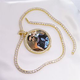 Round Po Custom Made Po Medallions Pendant Picture Necklace & Tennis Chain Gold Colour Cubic Zircon Men's Hip Hop Jewelr204V