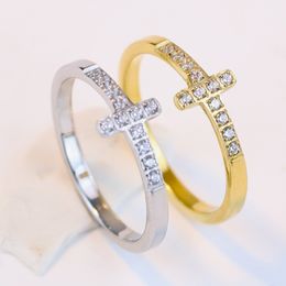 New in Titanium Stainless Steel Cross Finger Ring for Women Ins Cute Bling CZ Stone Cubic Zirconia Silver Gold Color Rings Birthday Gifts Wholesale Jewlery Bijoux
