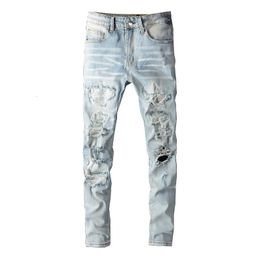 Mens Jeans Light Indigo Ripped Streetwear Fashion Skinny Damaged Holes With Rhinestone Slim Fit Stretch Distressed Destroyed 230404