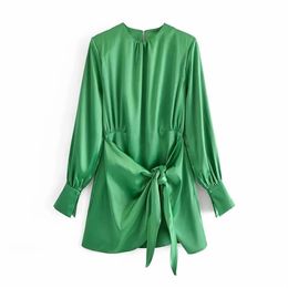 Casual Dresses 2021 Green Dress Women Satin Woman Elegant Long Sleeve Mini Summer Lady Knot Wrap Evening Short280w
