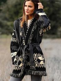 Women's Knits Boho Inspired Black Geometro Cardigan Women Long Sleeve Fringe Collar Coat Winter Warm Knitted Sweater