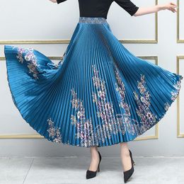 Skirts Summer Women's Silk Pleated Long Skirt Middle-Aged And Elderly Ethnic Style Fashion Big Swing Dance Elegant Saias H1957