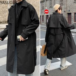 Men's Trench Coats YASUGUOJI Fashion Loose Double Breasted Coat Men Jacket Casual Overcoat Windbreakers Solid Colour Long Belt s 230404