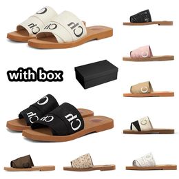 designer Woody sandals with box women Mules flat slides Light tan beige white black Brown blue pink lace Lettering Fabric canvas slippers womens summer outdoor shoes