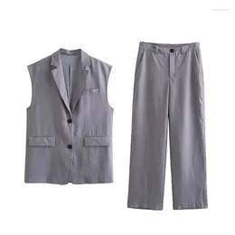 Women's Two Piece Pants Two-Piece Set 2023 Casual Single-Breasted Suit Waistcoat High-Waisted Linen Blend Flared Trousers