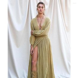 Casual Dresses Women Deep V Neck High Waist Corset Long Lantern Sleeve Slit Bohemian Dress Fashion Linen Vacation