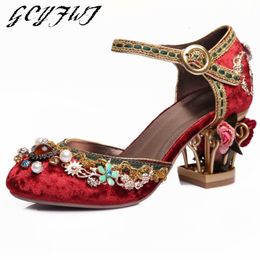 Sandals Women Vintage Handstitched Beaded Shaped Hollow Wedding High Heels Ladies Shoes Velvet Buckle Bird Cage Buty Damskie 230404