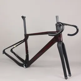 Full Hidden Cable Gravel Bike Frame GR047 with FO045 Fork Toray T1000 Carbon Fibre Custom Transparent Red Paint