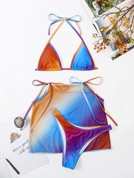 Women's Swimwear Print Push Up Swimsuit Female Summer Beach Bathing Suit Mesh Skirt Sexy Three Pieces Bikini 2023 Women Blue Gradient