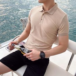 Men's Polos Fashion Slim Fit Short Sleeve Ribbed Knit Polo Shirt Men Summer Casual Buttoned Turn-down Collar Tops Mens Clothes Leisure