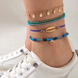 Anklets Bohemia Round Pendants Anklet Set For Women Girl Simple Shell Blue Beads Multilayer Foot Chains Jewelry Beach 24346