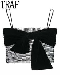 Women's Tanks Camis TRAF 2022 Black Sequin Crop Top Women Rhinestone Mesh Top Female Bow Corset Sexy Tops Woman See Through Backless Tank Tops P230322
