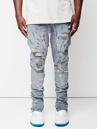 Men's Pants Design Jeans Man paint Slim Fit Cotton Ripped Denim pants Knee Hollow Out Light blue for Streetwear 230403
