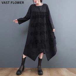 Casual Dresses Patchwork Mesh Polka Dot For Women Long Sleeve Loose Black Vintage Dress Fashion Clothing Spring Autumn 2023Casual