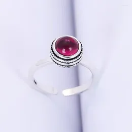 Cluster Rings Silver Color 0041 National Trendy Person Vintage Simple Ruby Ring With Adjustable Opening Garnet Fashion