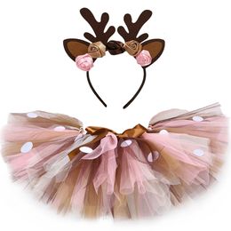 Skirts Girls Deer Tutu Skirt with Headband Fluffy Birthday Party Baby Kids Dance Tulle Skirt Girls Christmas Deer Costume 230403