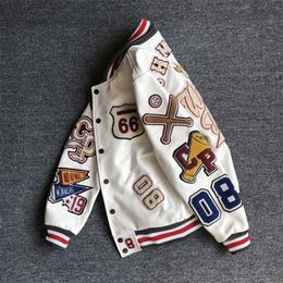 2023Men's Jackets Spring and Autumn Baseball Uniform Y2k Retro Trend Leather Jacket Heavy Industry Embroidery White Short Coat Ins