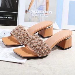 Sandals Fashion Chunky Heel Diamonds Braiding Women Square Toe High Shoes Slip-on Slides