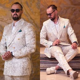 Men's Suits Blazers White 2 Pieces Jacquard Men Suit Blazer Pants Double Breasted Fashion Business Work Gentlemen Formal Causal Daily Prom Tailored 230404