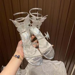 Sandals Summer Women's Sandals Fashion Luxury Butterfly Snake Wrap Thick Heel Mid-heeled Banquet Wedding Shoes 230403