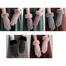 Five Fingers Gloves Women Winter Full Finger Plush Lined Heart Embroidery Touchscreen Mittens 6XDA