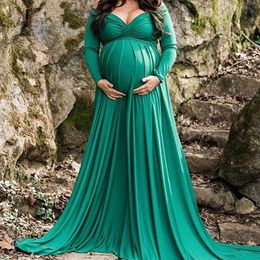 Maternity Dresses Pregnant Women Elegant Evening Party Dress Long Sleeve Cross Front V-Neck Slim Fit Maxi Pography Dress 230404