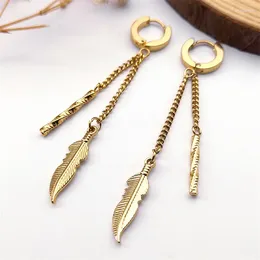 Stud Earrings Trendy Stainless Steel Leaf Hoop For Women Gold Colour Tassel Long Chain Earring Jewellery Gift ES01