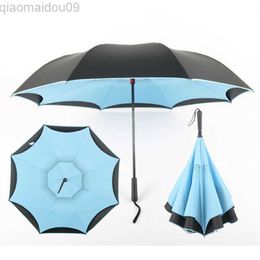 Umbrellas Windproof Reverse Inverted Long Shank Umbrellas Double Layers Reverse Folding C-Hook Car Umbrellas AA230404