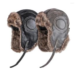 Berets Men Winter Cycling Cap Imitation Leather Lei Feng Hat Fur Snow Warm Windproof Pilot Waterproof Ear Protection Bomber