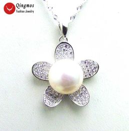 Choker Qingmos 24mm Flower Sterling Silver 925 Pendant Necklace For Women With 11mm White Flat Round Pearl 16" Chokers